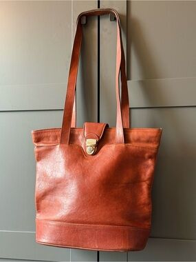 Oroton Leather Tote Bag with Gold Turn-Lock - Rust Brown, made in Australia